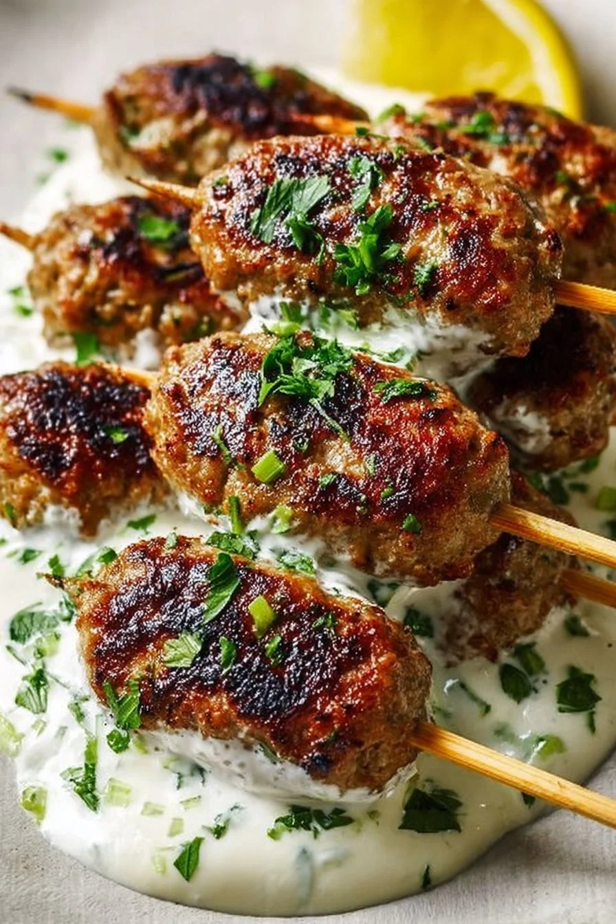 Plate of Chicken Kofta drizzled with garlic yogurt sauce garnished with herbs.