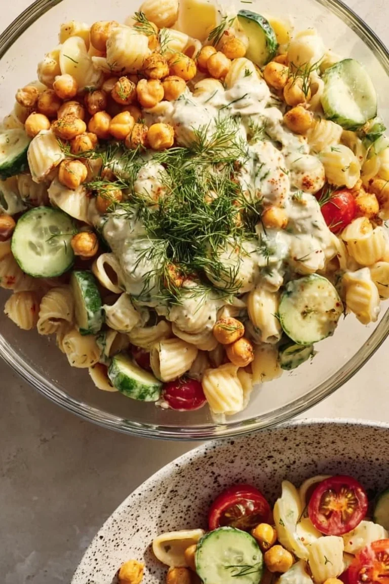 Delicious Chicken Pasta Salad served with fresh vegetables and dressing.