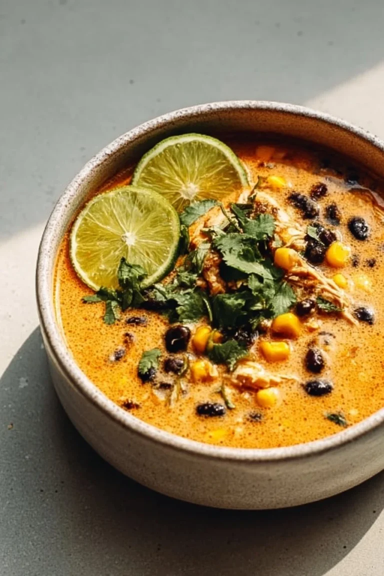 Bowl of Chicken Poblano Soup topped with fresh cilantro and lime wedges