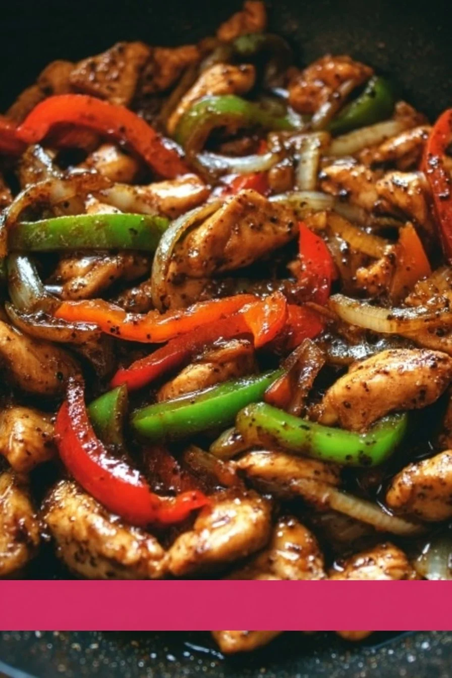 Colorful chicken stir-fry with vegetables in a skillet