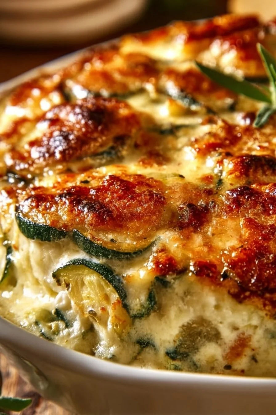 Baked Chicken Zucchini with melted cheese and herbs in a casserole dish