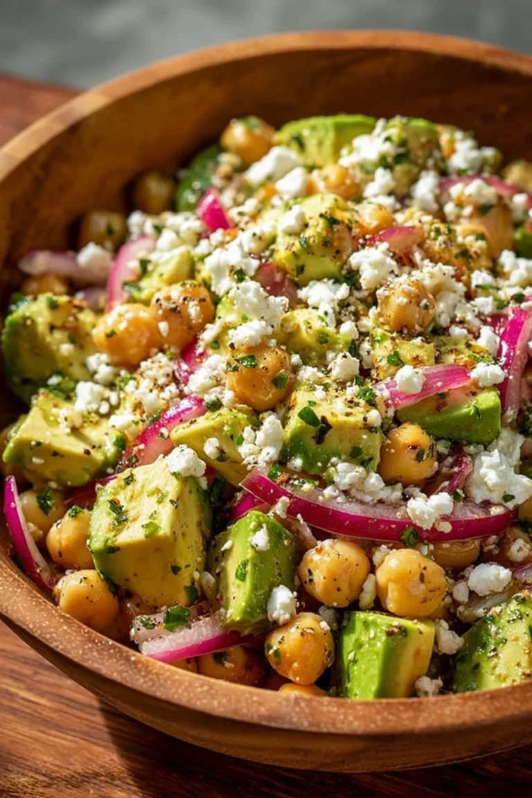 Chickpea Feta Avocado Salad garnished with fresh herbs and colorful veggies.