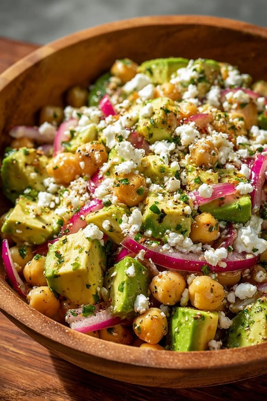 Chickpea Feta Avocado Salad garnished with fresh herbs and colorful veggies.