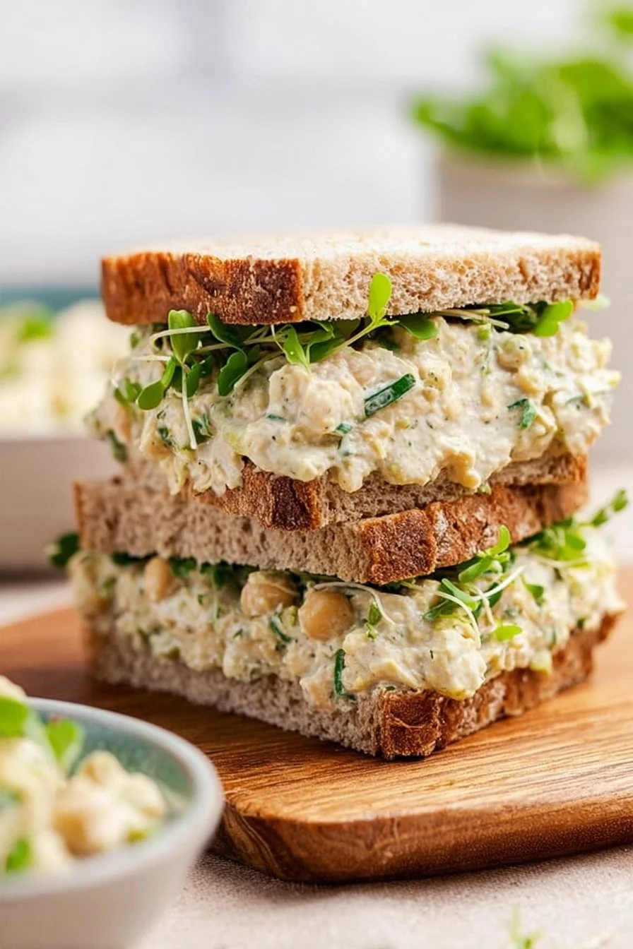 Chickpea salad sandwich with fresh vegetables on whole grain bread