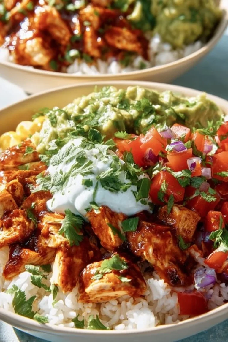 Delicious Chipotle Chicken and Rice Bowl topped with fresh ingredients.