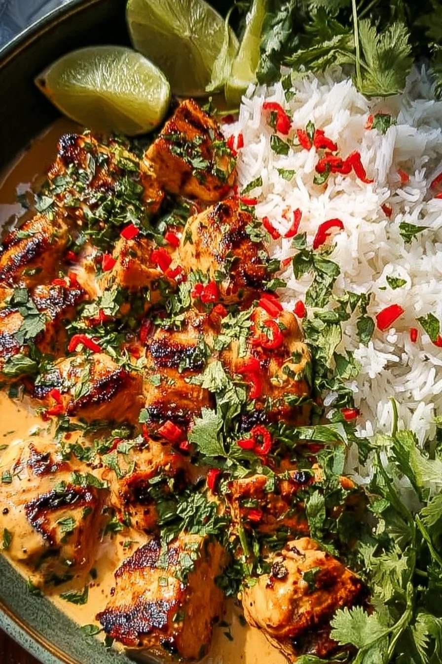 Coconut Chicken Rice Bowl topped with fresh vegetables and herbs