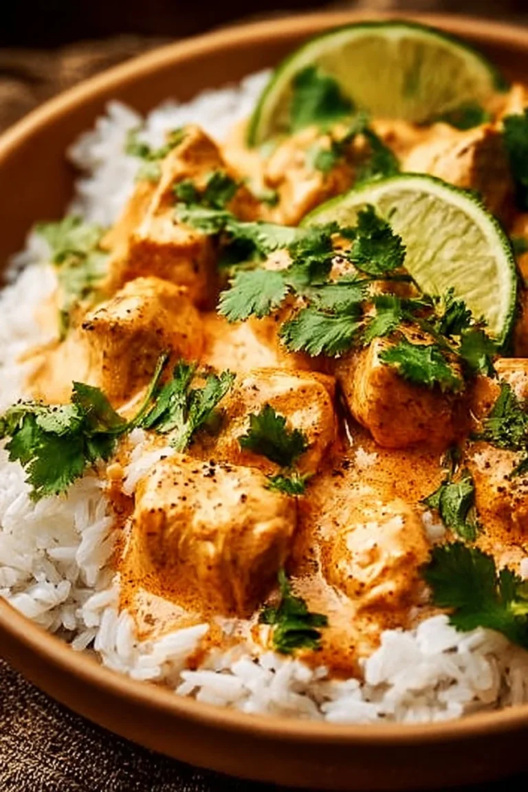 Delicious Coconut Chicken Rice Bowl topped with fresh herbs and coconut sauce
