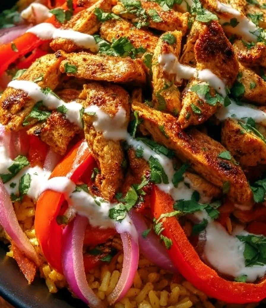 Colorful chicken fajita rice bowl with vibrant vegetables and spices