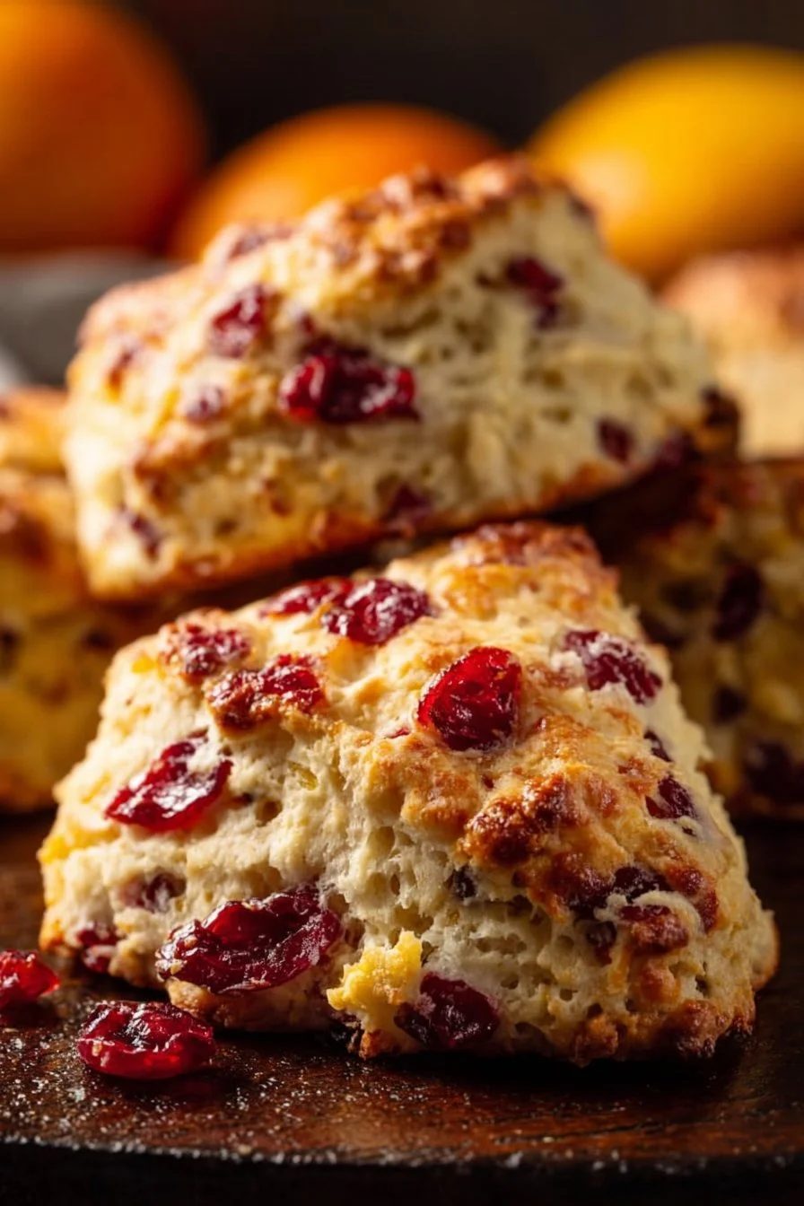Freshly baked cranberry orange scones on a rustic table
