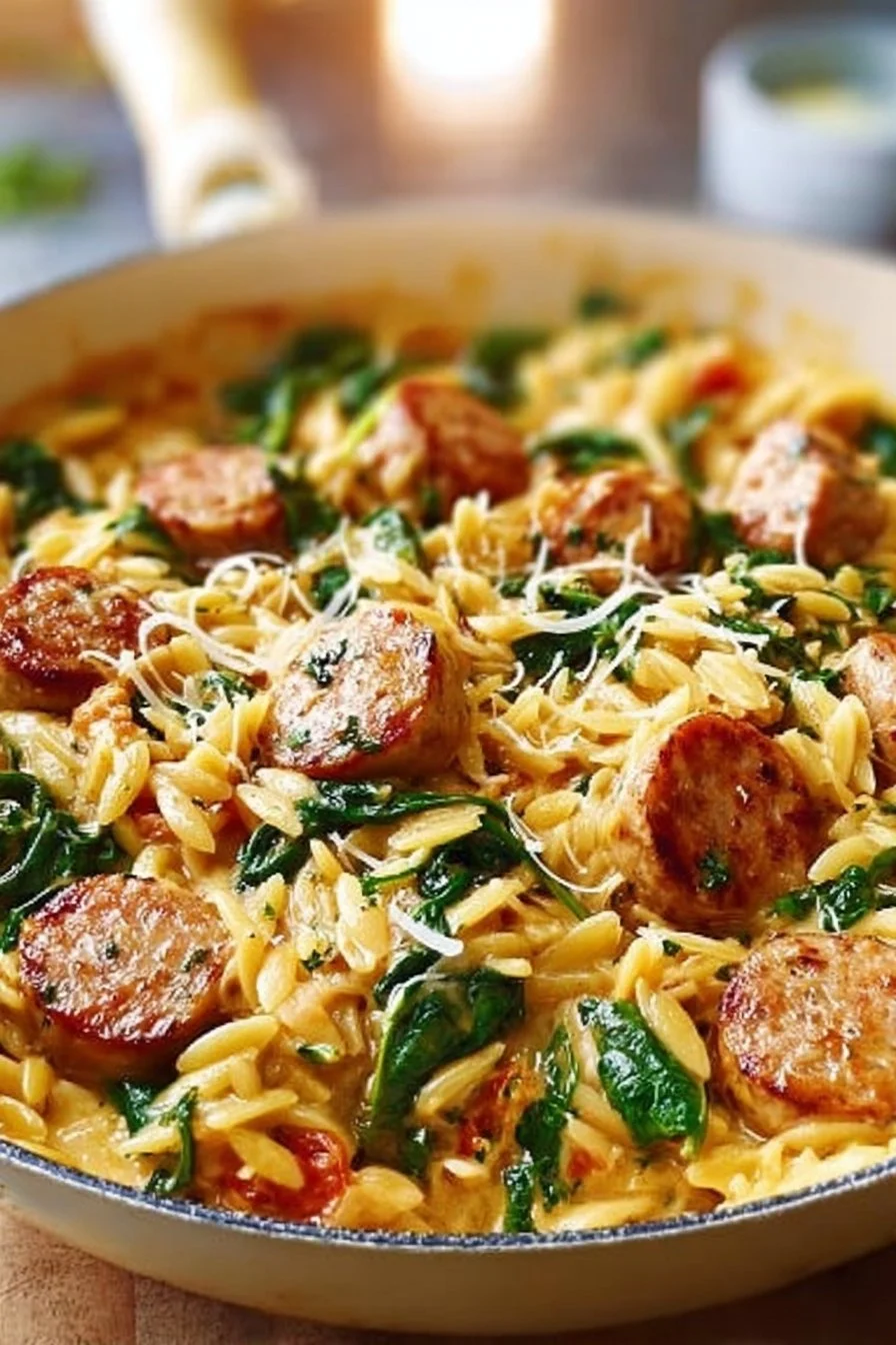 Creamy chicken sausage orzo in a skillet, garnished with fresh herbs.