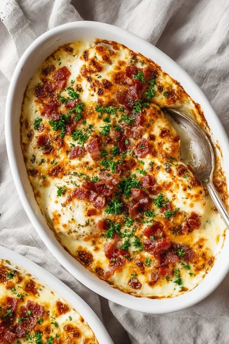 Creamy garlic bacon chicken bake with herbs and spices