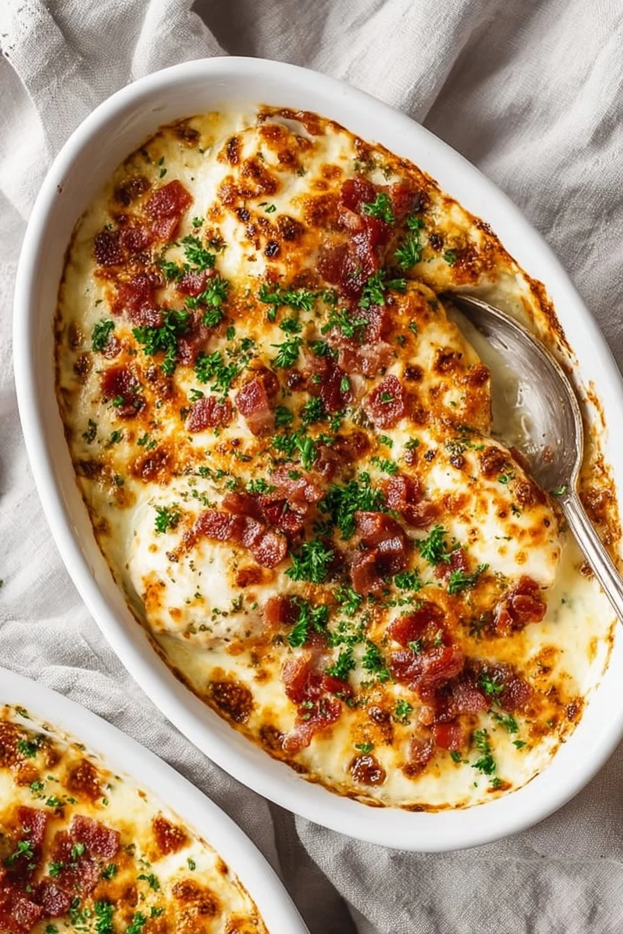 Creamy garlic bacon chicken bake with herbs and spices