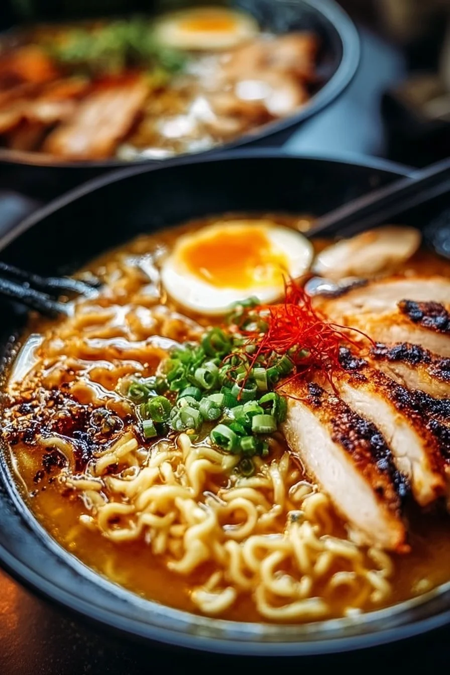 Creamy garlic chicken ramen bowl with fresh herbs and noodles