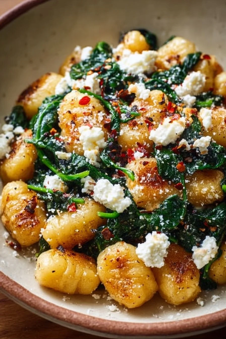Creamy gnocchi served with spinach and feta in a savory sauce