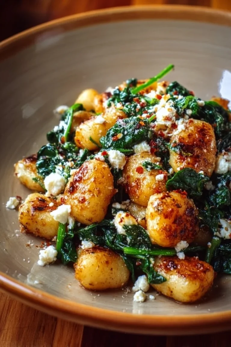 Creamy gnocchi dish with spinach and feta, garnished and ready to serve.