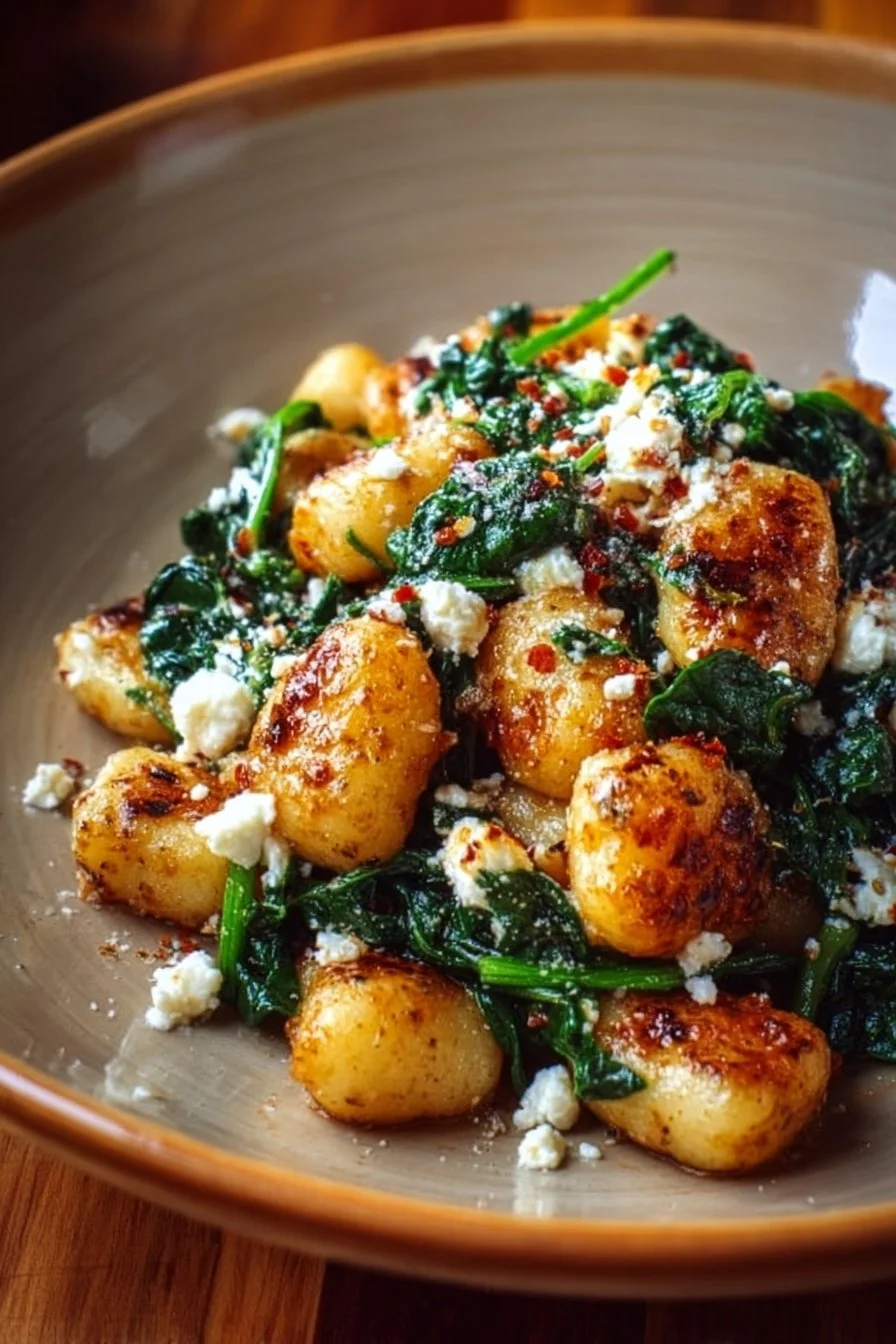 Creamy gnocchi dish with spinach and feta, garnished and ready to serve.