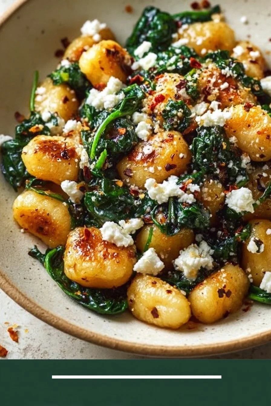 Creamy gnocchi dish with spinach and feta garnished on a plate