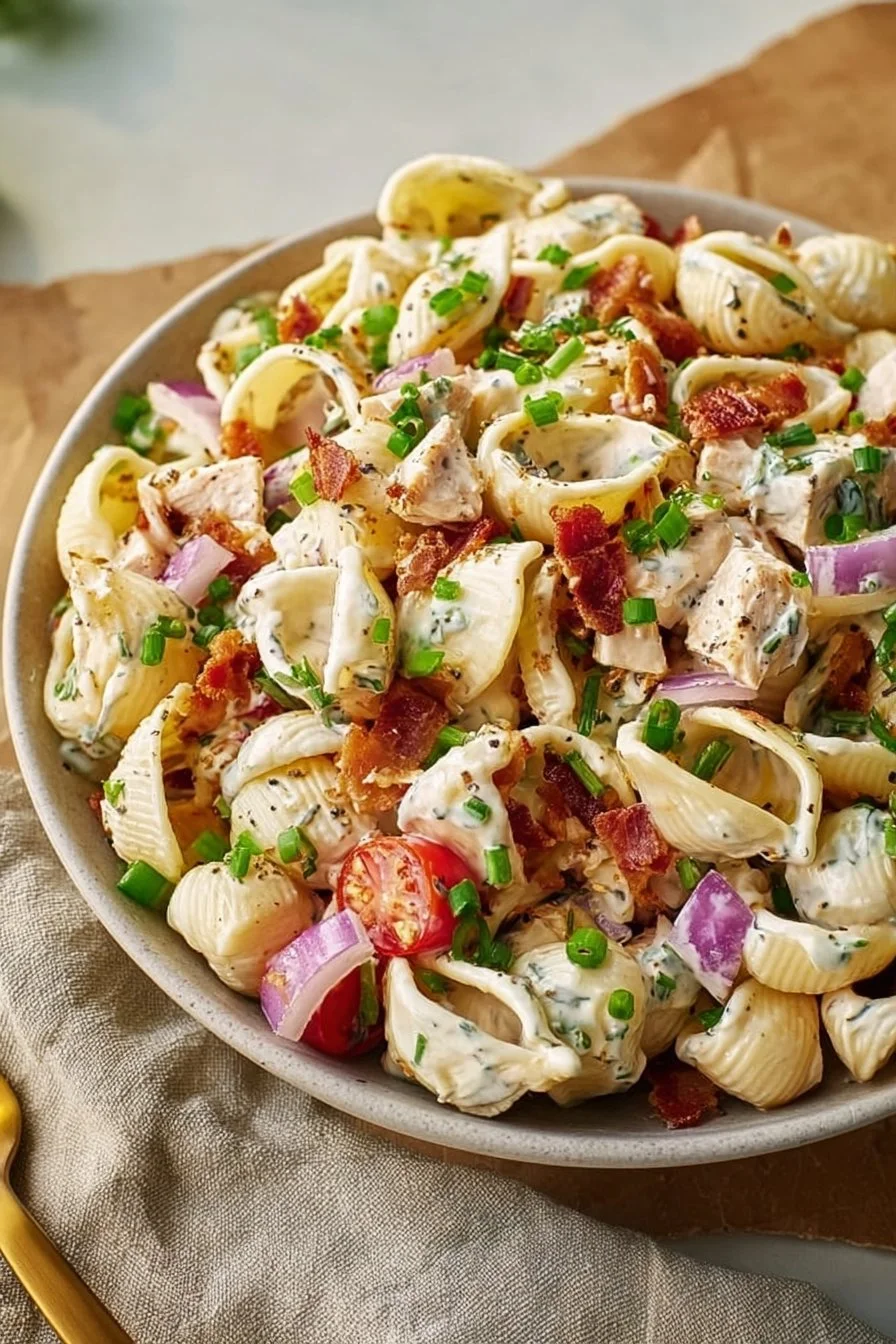 Creamy high protein bacon ranch pasta salad with pasta, bacon, and vegetables