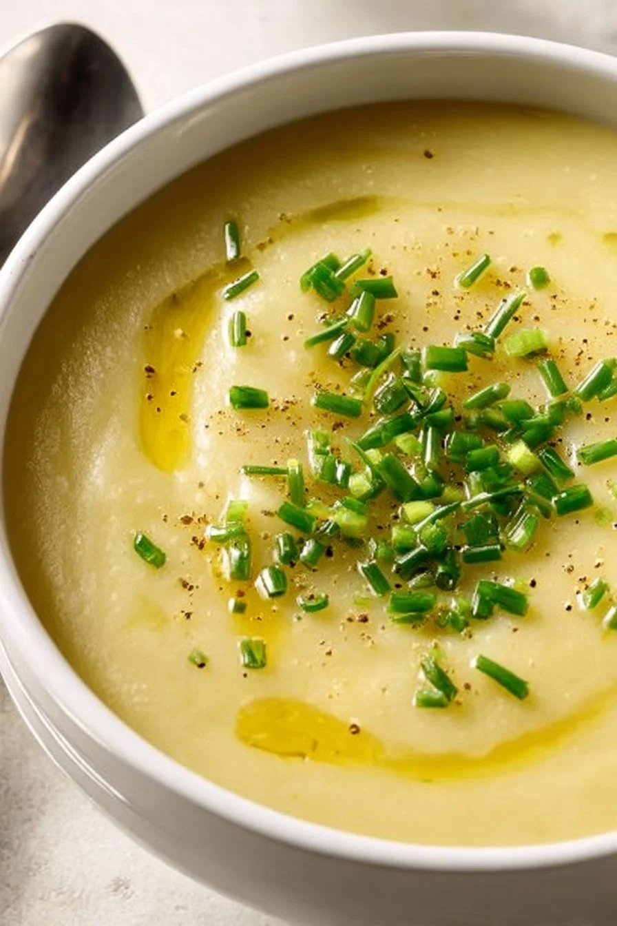 Bowl of creamy potato leek soup garnished with fresh herbs