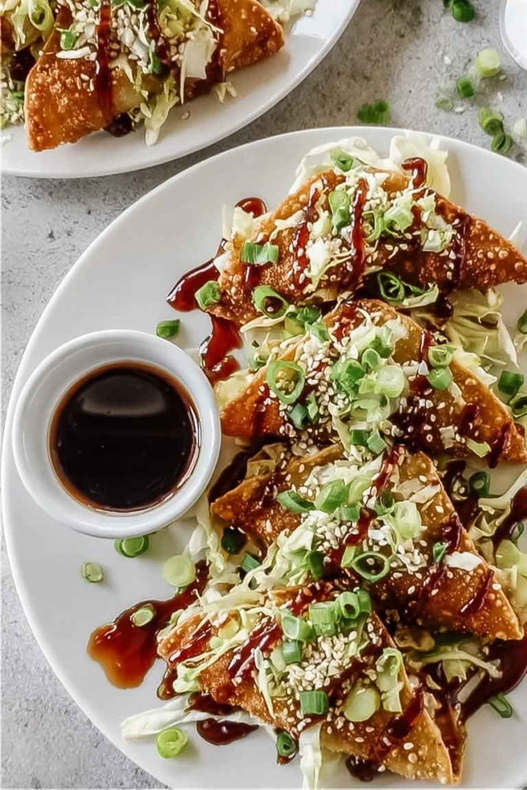 Crispy chicken wonton tacos served on a plate with toppings