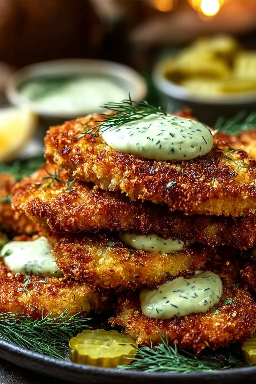 Crispy Dill Pickle Chicken served on a plate with fresh herbs