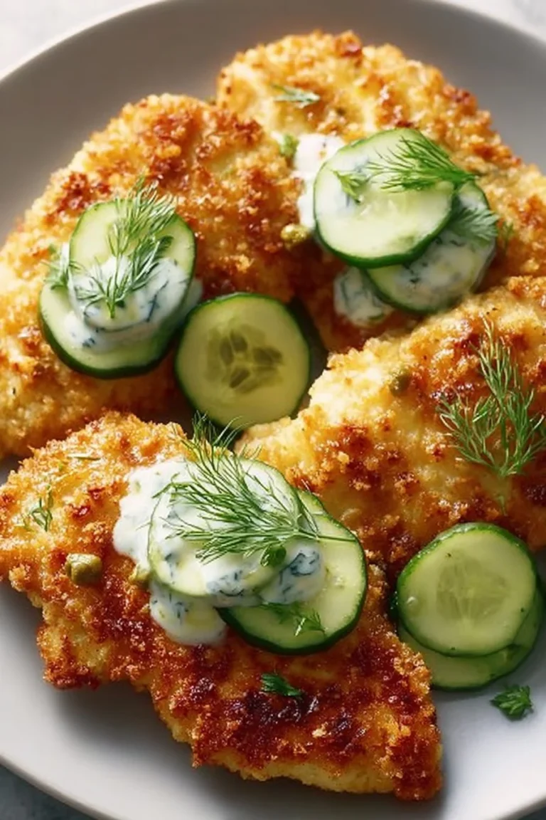 Crispy Dill Pickle Chicken with Parmesan coating, garnished with dill.