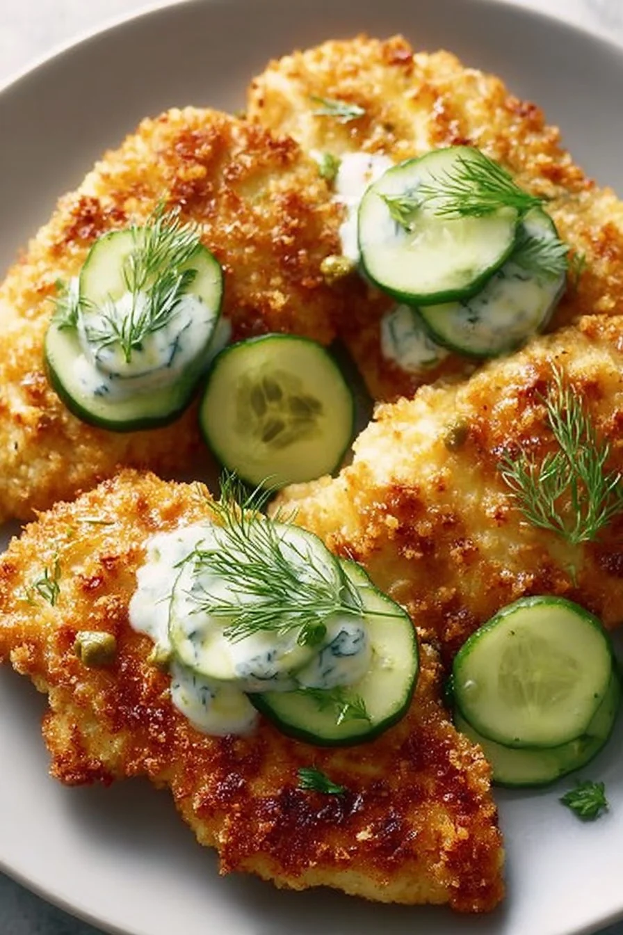 Crispy Dill Pickle Chicken with Parmesan coating, garnished with dill.