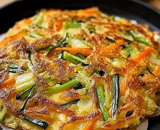 Crispy Korean vegetable pancake topped with fresh herbs and served on a plate