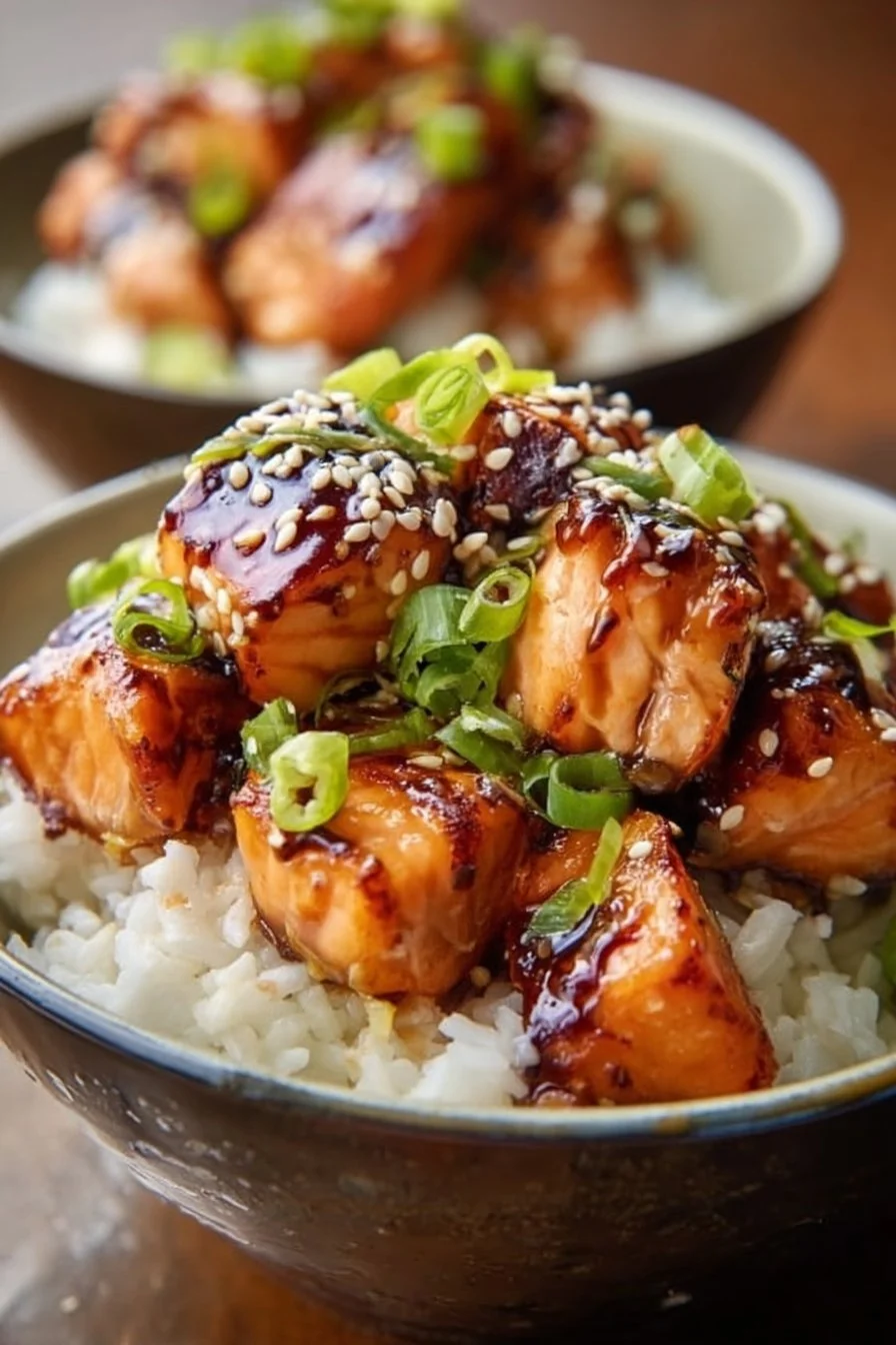A delicious crispy salmon and rice bowl garnished with vegetables.