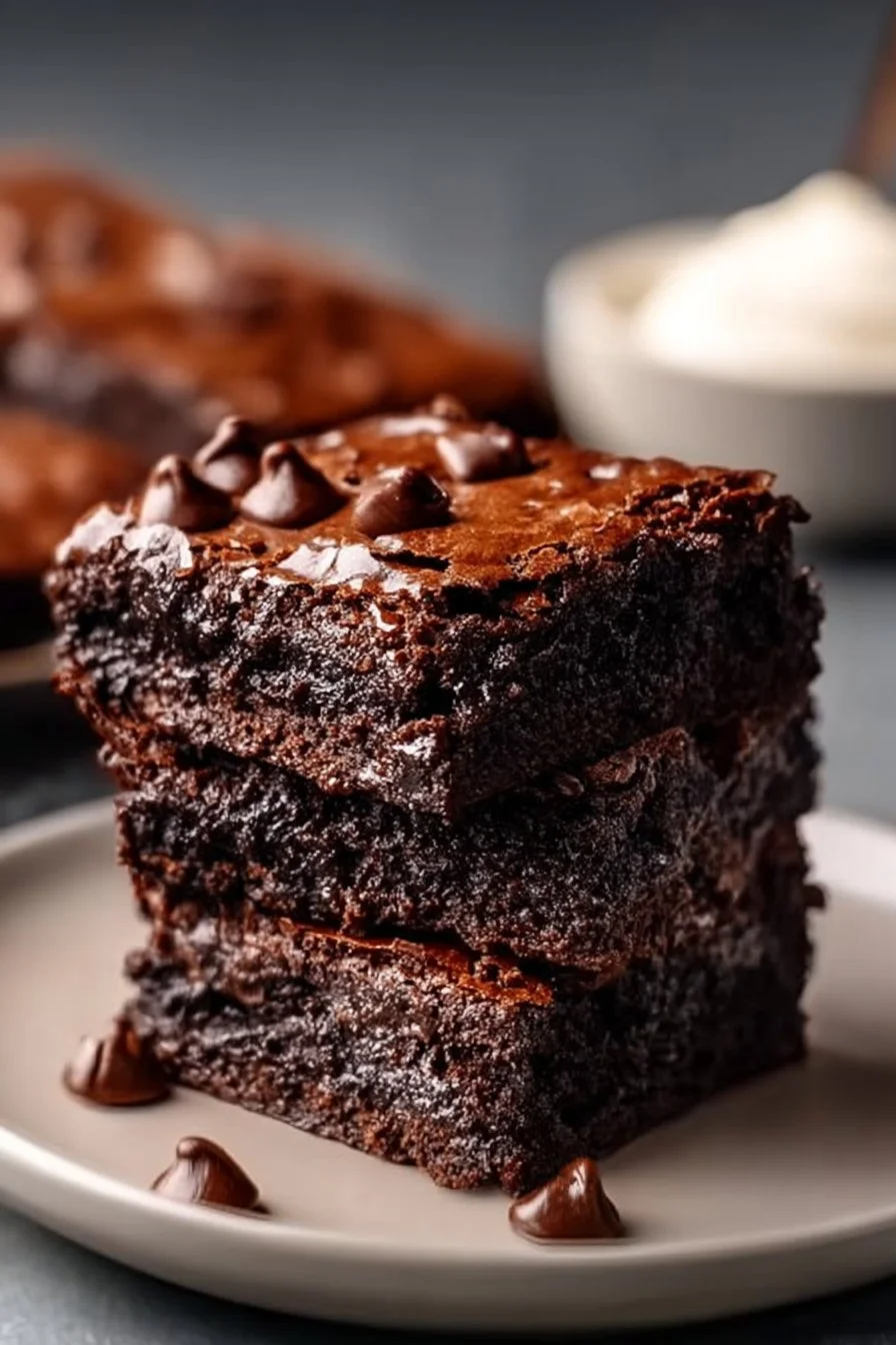 Decadent Greek yogurt brownies topped with chocolate