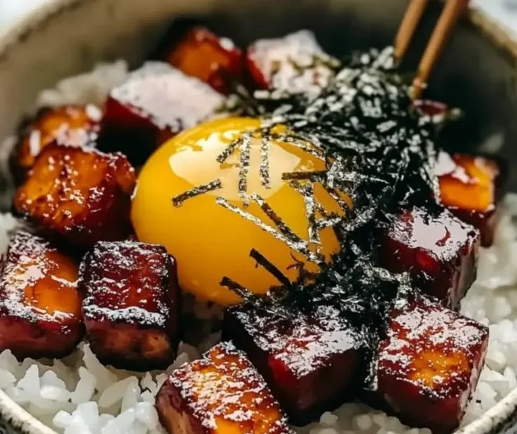 A delicious Spam Musubi Bowl garnished with seaweed and rice, perfect comfort food.