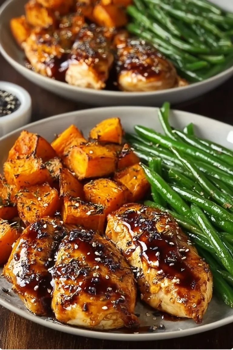 Honey garlic chicken served with sweet potatoes on a dinner plate
