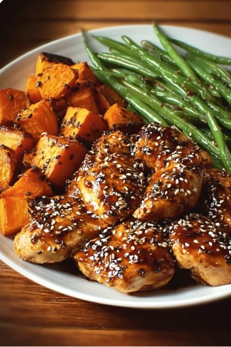 A plate of honey garlic chicken served with sweet potatoes and vegetables.