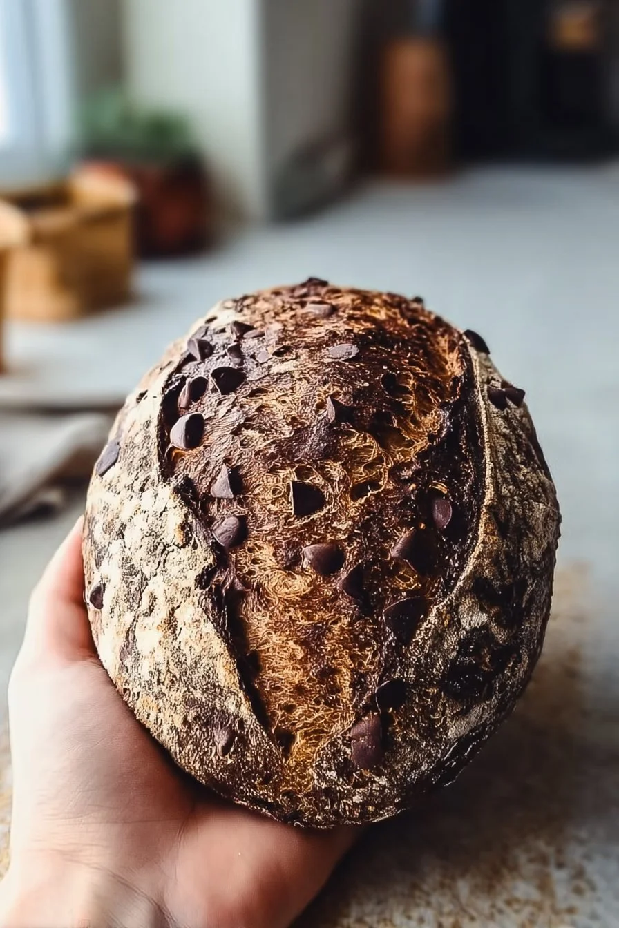 Freshly baked double chocolate sourdough bread with rich chocolate chunks.