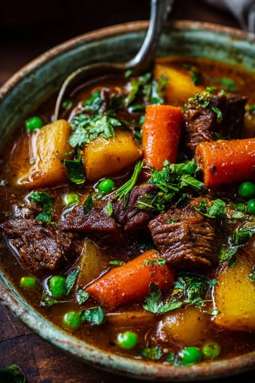 Bowl of easy beef stew with vegetables and herbs garnished on top