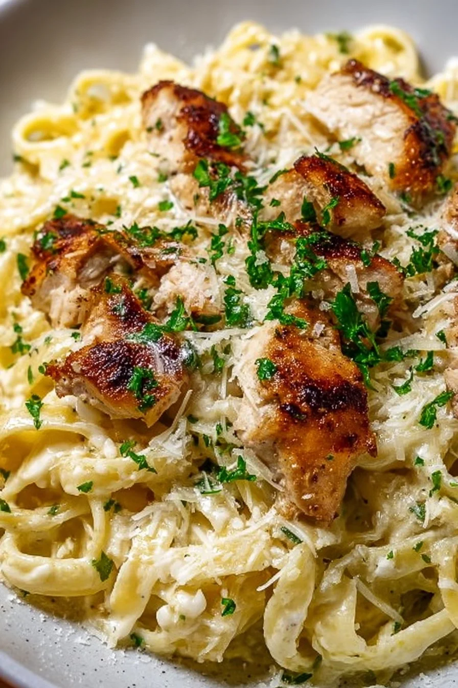 Easy Chicken Alfredo with pasta and creamy sauce on a plate