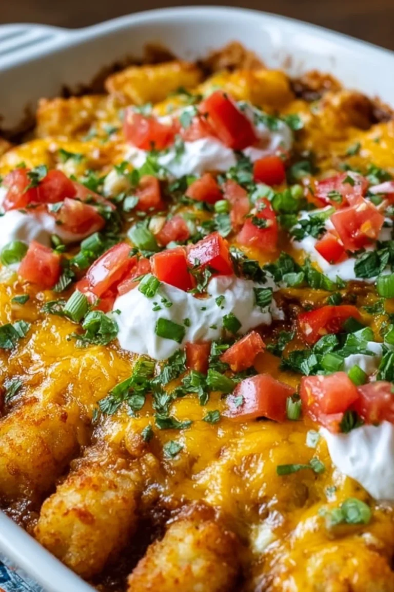 Delicious easy tater tot taco casserole topped with cheese and fresh toppings.