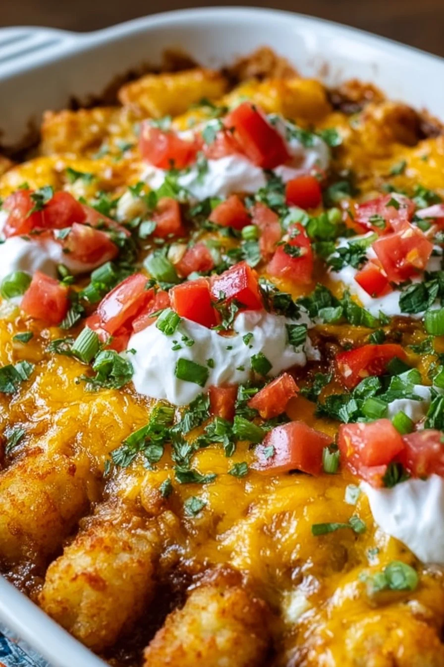 Delicious easy tater tot taco casserole topped with cheese and fresh toppings.