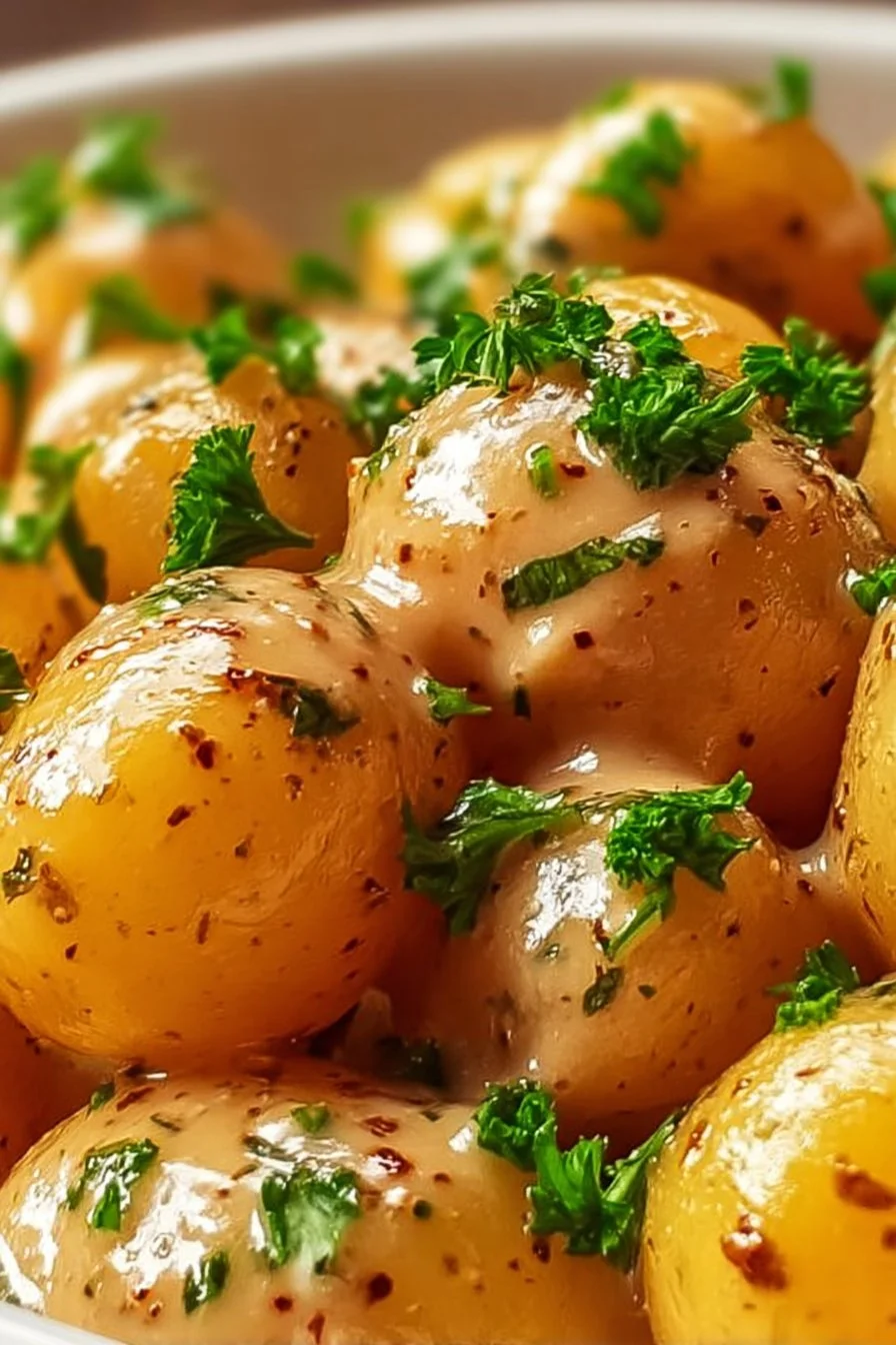 Creamy garlic baby potatoes served in a bowl, enhancing any meal with rich flavors.