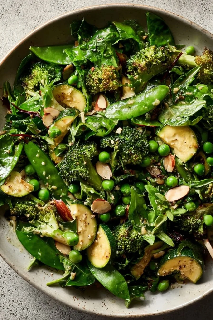 A colorful green vegan salad featuring fresh greens, veggies, and seeds.