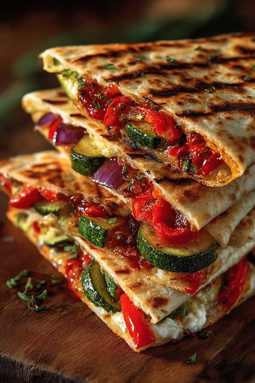 Grilled Mediterranean Veggie Quesadillas filled with cheese and fresh vegetables