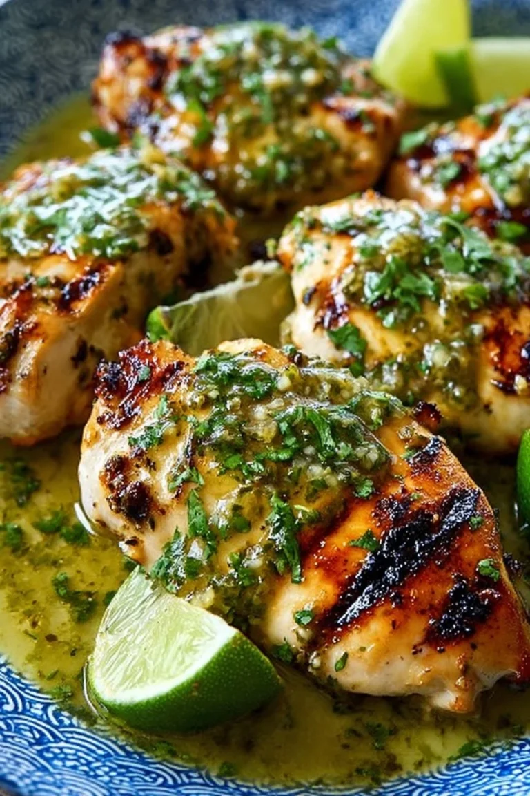 Grilled Salsa Verde Pepper Jack Chicken garnished with fresh herbs