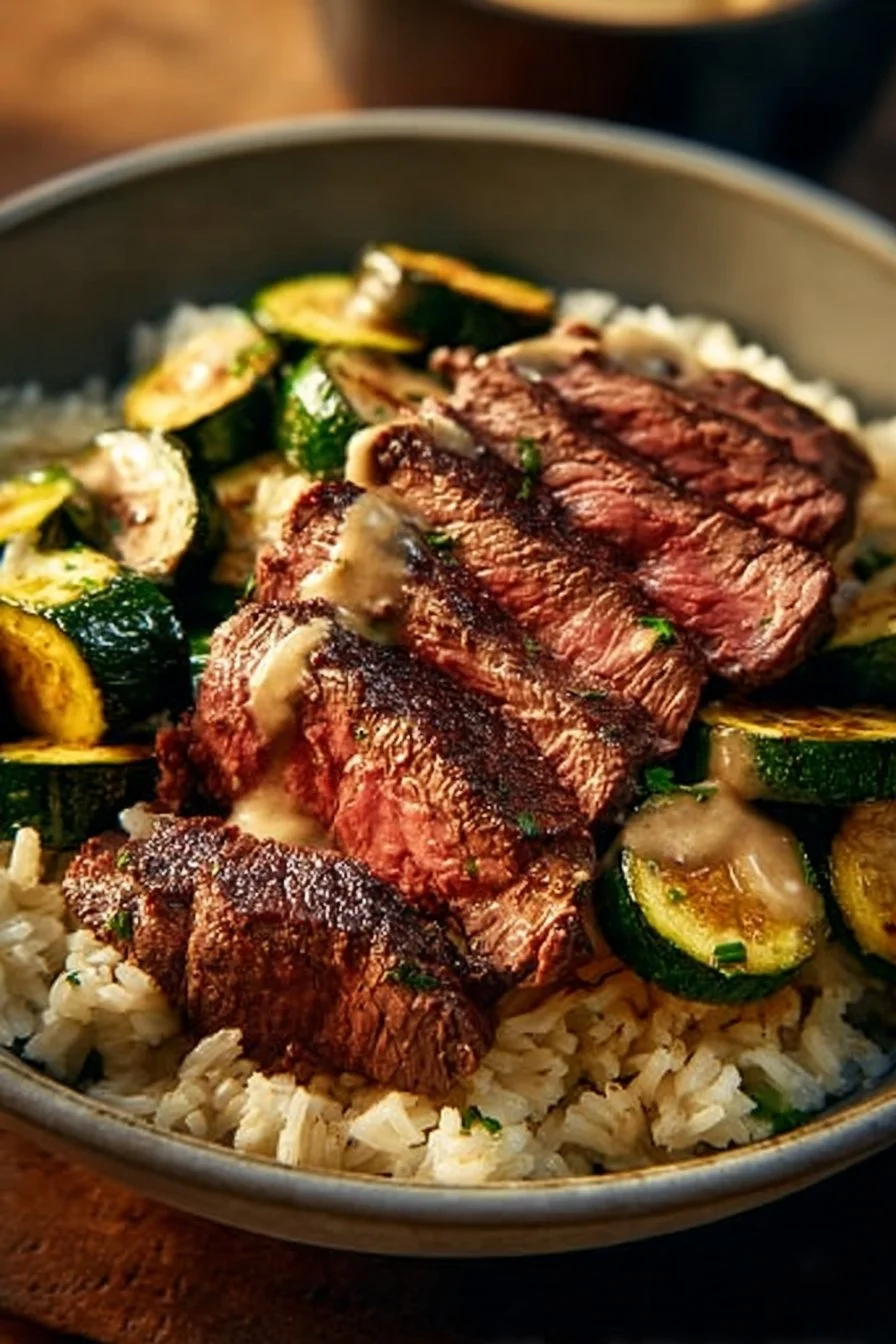 Grilled steak bowl with sauce and grilled zucchini on a wooden table