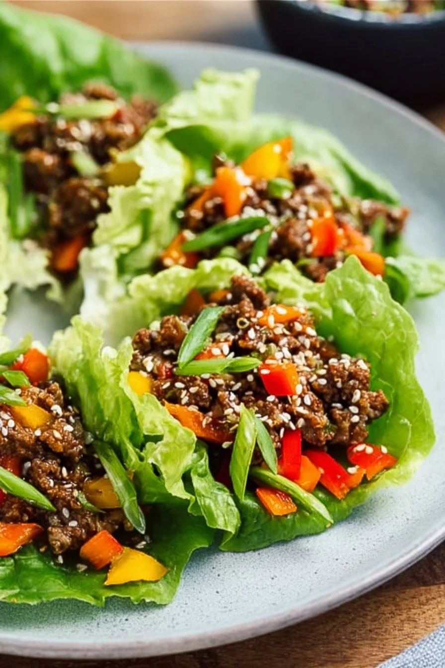 Ground beef lettuce wraps served on a plate with fresh vegetables.