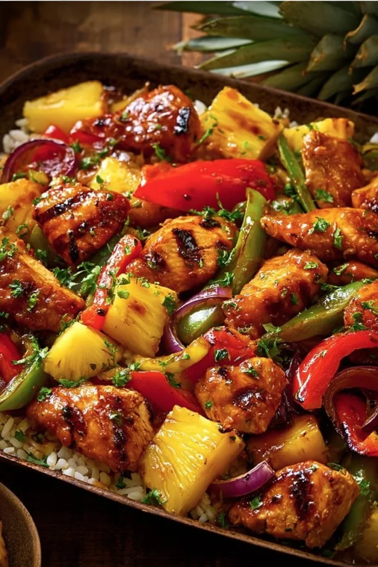 Hawaiian Chicken Sheet Pan with vibrant vegetables and pineapple glaze