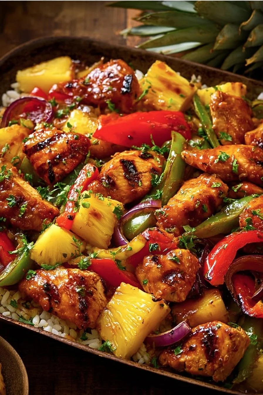 Hawaiian Chicken Sheet Pan with vibrant vegetables and pineapple glaze