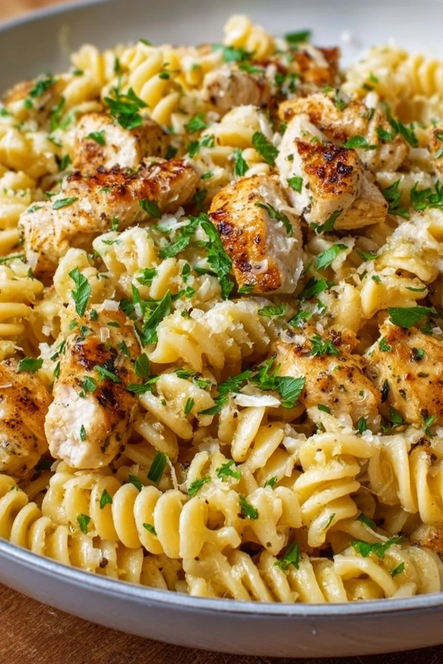 Delicious healthy garlic parmesan chicken pasta served in a bowl