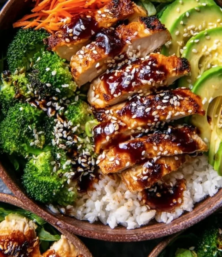 Healthy sticky chicken bowls with colorful vegetables and rice served in a bowl