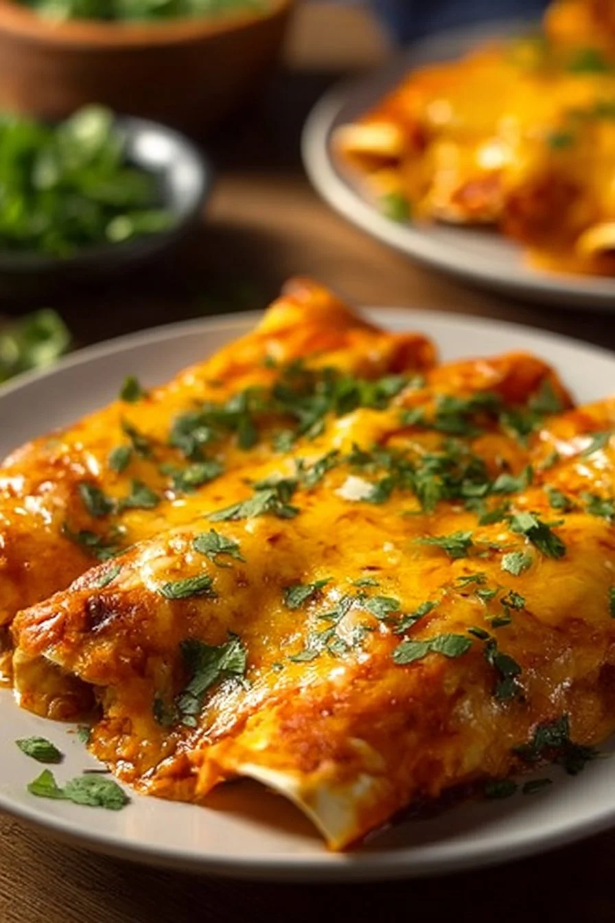 High protein chicken enchiladas topped with cheese and fresh herbs