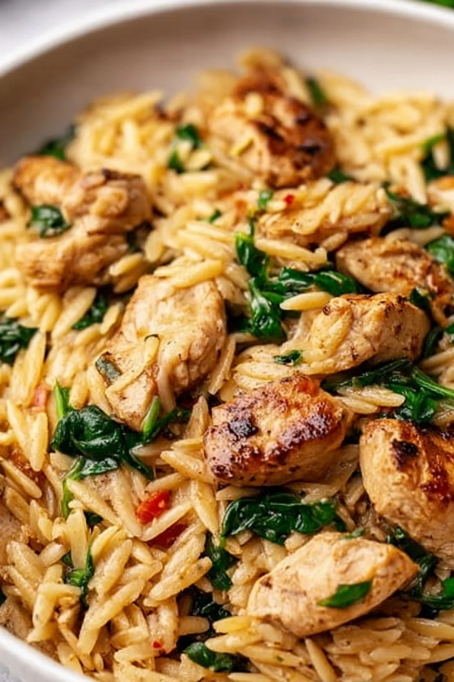 High protein chicken orzo served in a bowl with fresh vegetables